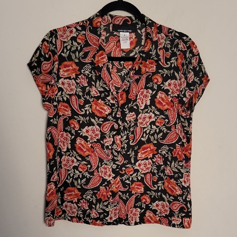Jones NY Black Floral Paisley Button-Up Blouse Sz 6